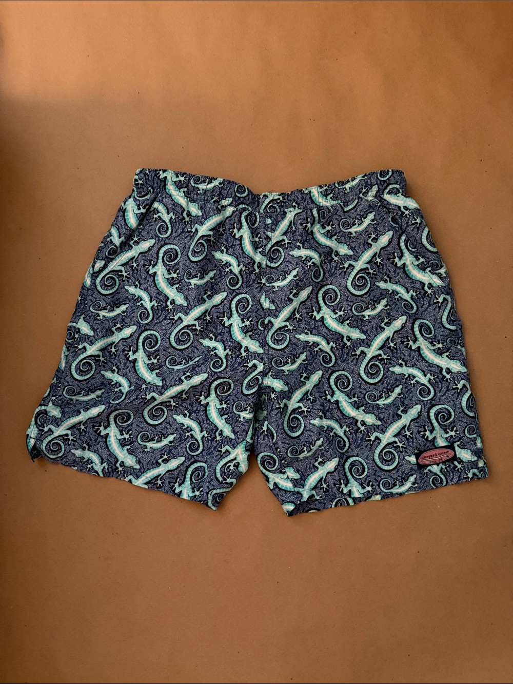Vineyard Vines Navy Swim Trunks with Teal and Blue Lizard Print size small